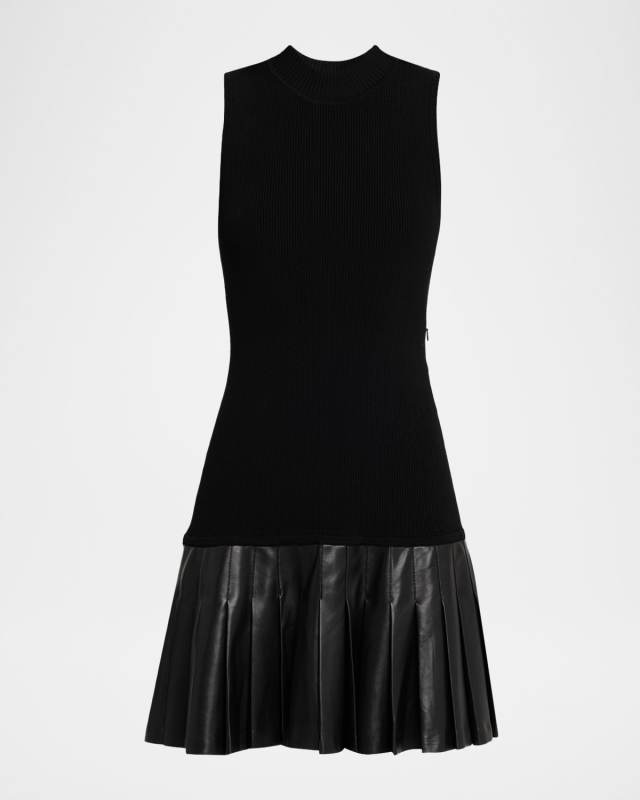 Sleeveless Vegan Leather-Hem Mini Dress
